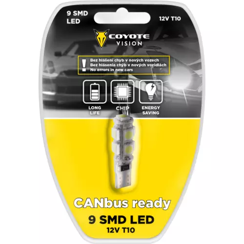 COYOTE Žiarovka 9 SMD LED 12V T10 s rezistorom CAN-BUS ready biela