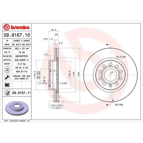 Brzdový kotúč BREMBO 09.9167.11