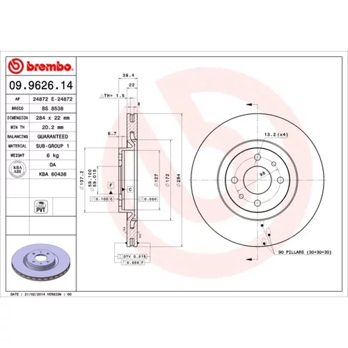 Brzdový kotúč BREMBO 09.9626.14