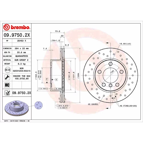 Brzdový kotúč BREMBO 09.9750.2X