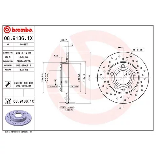 Brzdový kotúč BREMBO 08.9136.1X