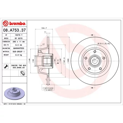 Brzdový kotúč BREMBO 08.A753.37