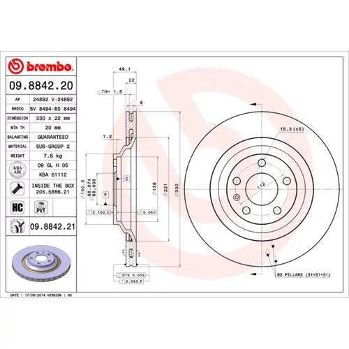 Brzdový kotúč BREMBO 09.8842.21