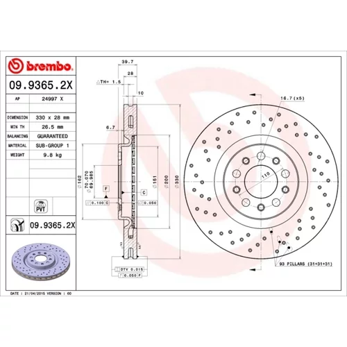 Brzdový kotúč BREMBO 09.9365.2X