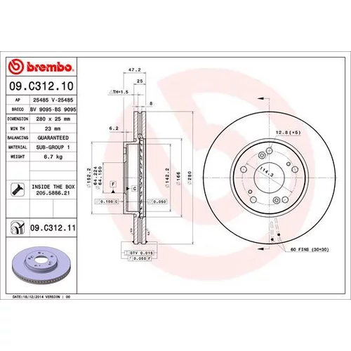 Brzdový kotúč BREMBO 09.C312.11