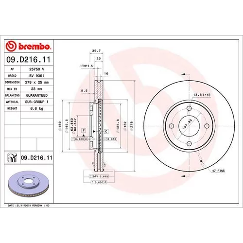 Brzdový kotúč BREMBO 09.D216.11