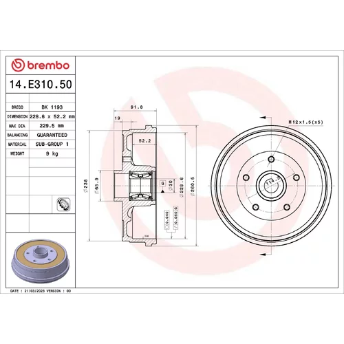 Brzdový bubon BREMBO 14.E310.50