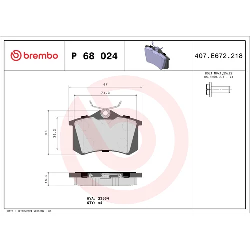 Sada brzdových platničiek kotúčovej brzdy BREMBO P 68 024X