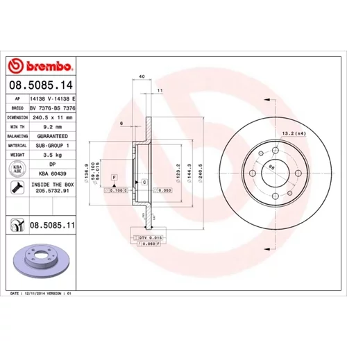 Brzdový kotúč BREMBO 08.5085.11