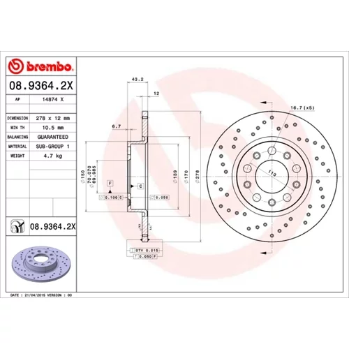 Brzdový kotúč BREMBO 08.9364.2X