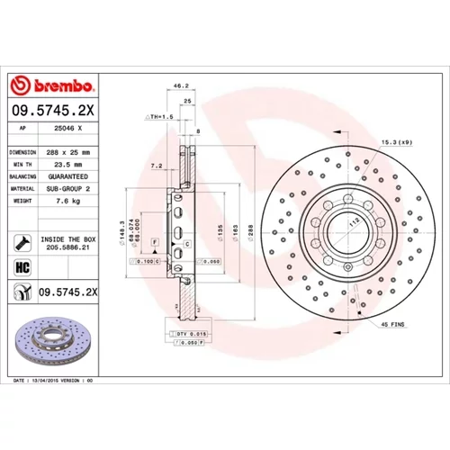 Brzdový kotúč BREMBO 09.5745.2X