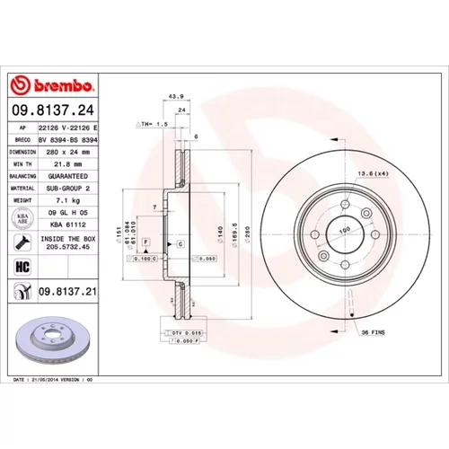 Brzdový kotúč BREMBO 09.8137.21