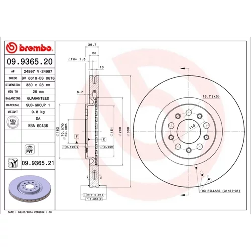 Brzdový kotúč BREMBO 09.9365.21