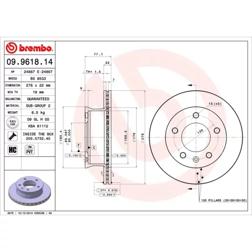 Brzdový kotúč BREMBO 09.9618.14