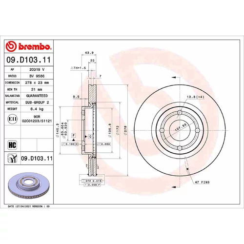 Brzdový kotúč BREMBO 09.D103.11