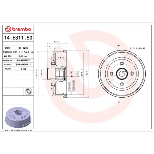 Brzdový bubon BREMBO 14.E311.50