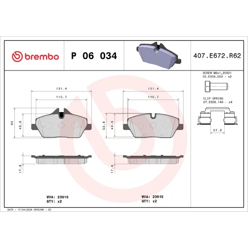 Sada brzdových platničiek kotúčovej brzdy BREMBO P 06 034