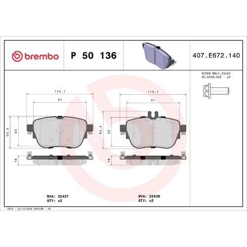 Sada brzdových platničiek kotúčovej brzdy BREMBO P 50 136