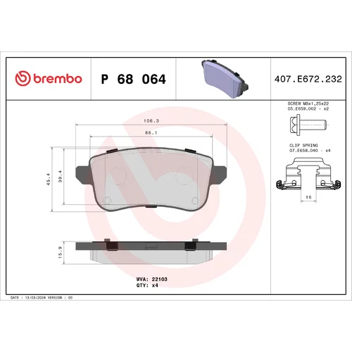 Sada brzdových platničiek kotúčovej brzdy BREMBO P 68 064