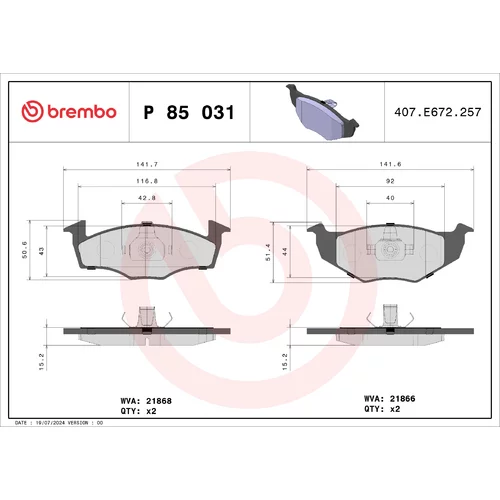 Sada brzdových platničiek kotúčovej brzdy BREMBO P 85 031