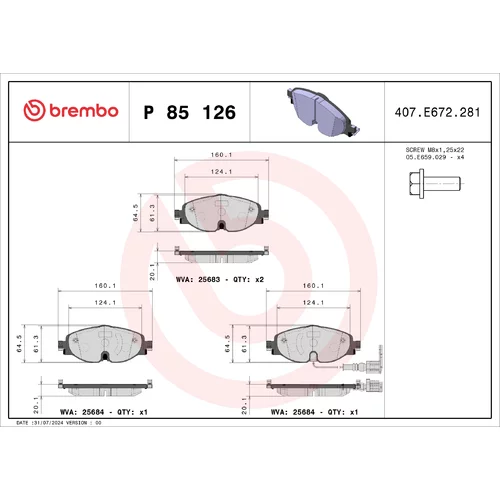 Sada brzdových platničiek kotúčovej brzdy BREMBO P 85 126X