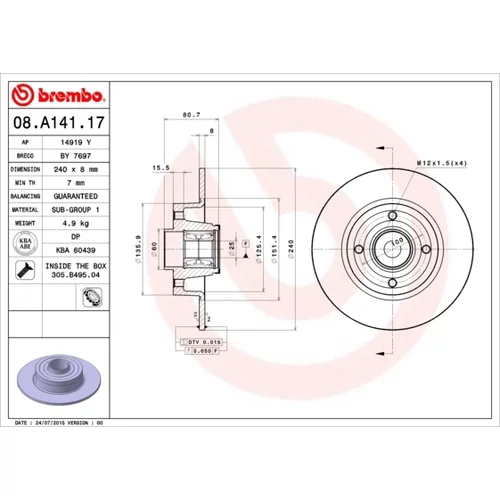 Brzdový kotúč BREMBO 08.A141.17