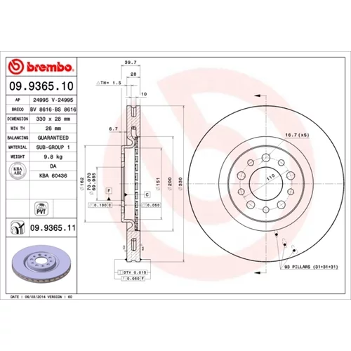 Brzdový kotúč BREMBO 09.9365.11