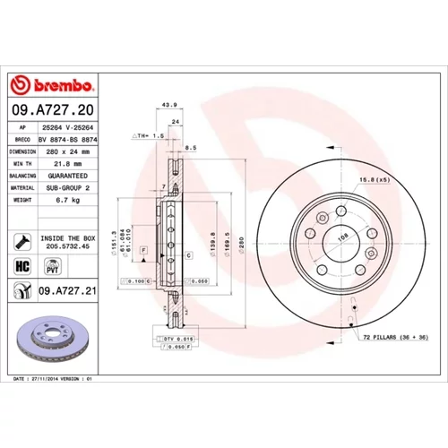 Brzdový kotúč BREMBO 09.A727.21