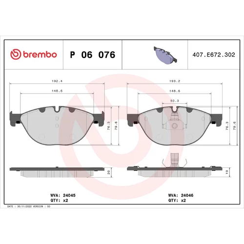 Sada brzdových platničiek kotúčovej brzdy BREMBO P 06 076