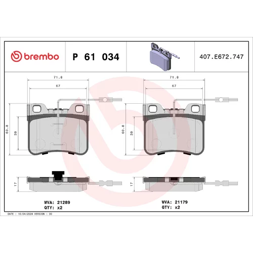 Sada brzdových platničiek kotúčovej brzdy BREMBO P 61 034