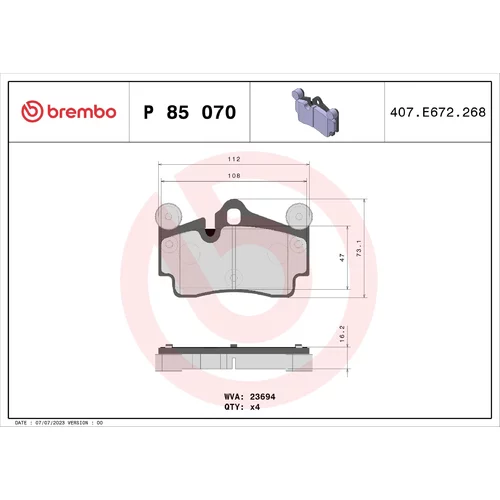 Sada brzdových platničiek kotúčovej brzdy BREMBO P 85 070