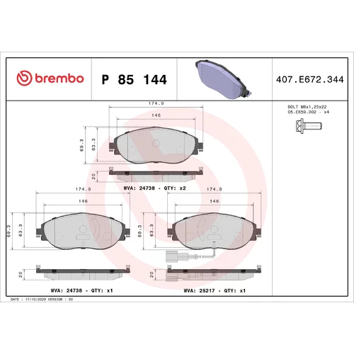 Sada brzdových platničiek kotúčovej brzdy BREMBO P 85 144