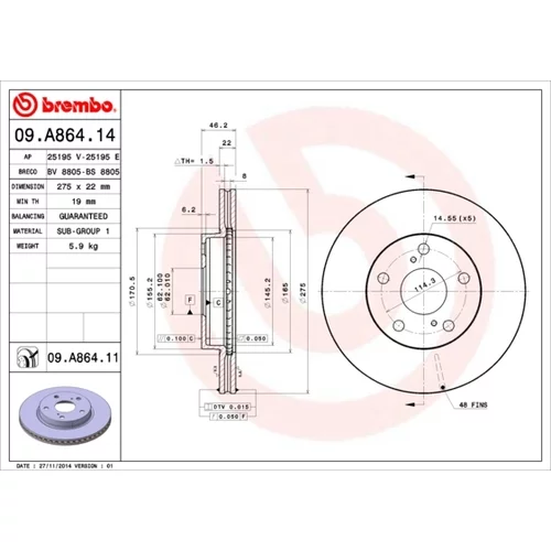 Brzdový kotúč 09.A864.11 /BREMBO/