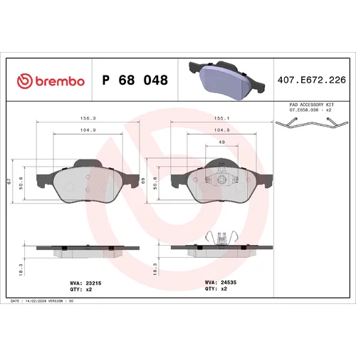 Sada brzdových platničiek kotúčovej brzdy BREMBO P 68 048X