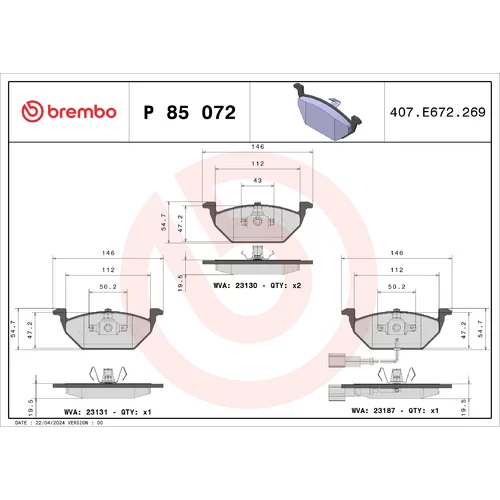 Sada brzdových platničiek kotúčovej brzdy BREMBO P 85 072