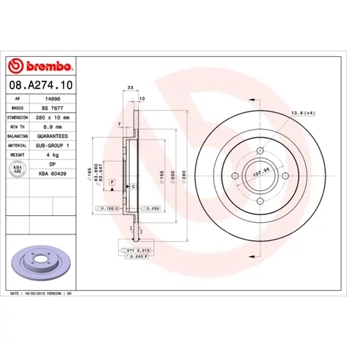 Brzdový kotúč BREMBO 08.A274.10