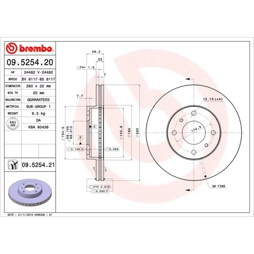 Brzdový kotúč BREMBO 09.5254.21