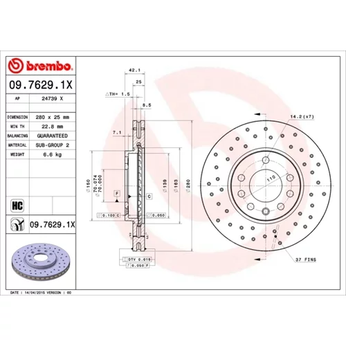 Brzdový kotúč BREMBO 09.7629.1X