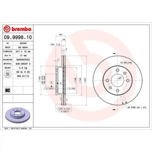 Brzdový kotúč BREMBO 09.9998.10