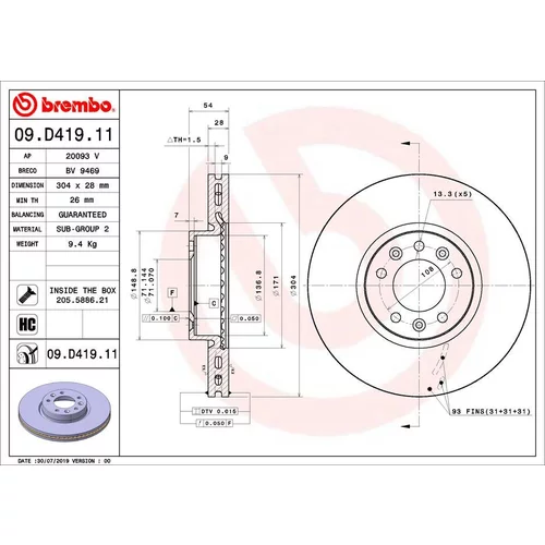 Brzdový kotúč BREMBO 09.D419.11