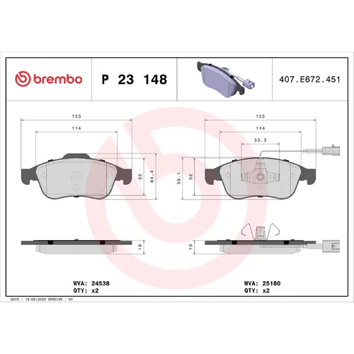 Sada brzdových platničiek kotúčovej brzdy BREMBO P 23 148X