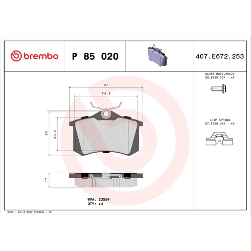 Sada brzdových platničiek kotúčovej brzdy BREMBO P 85 020X