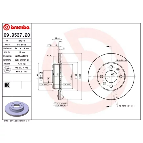 Brzdový kotúč BREMBO 09.9537.20