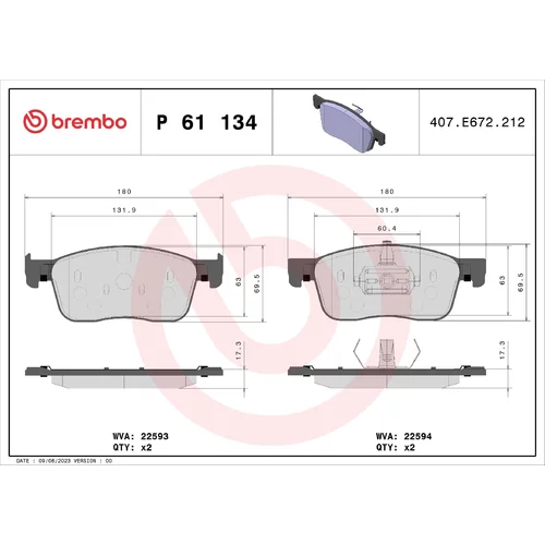 Sada brzdových platničiek kotúčovej brzdy BREMBO P 61 134