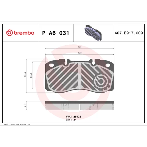 Sada brzdových platničiek kotúčovej brzdy BREMBO P A6 031