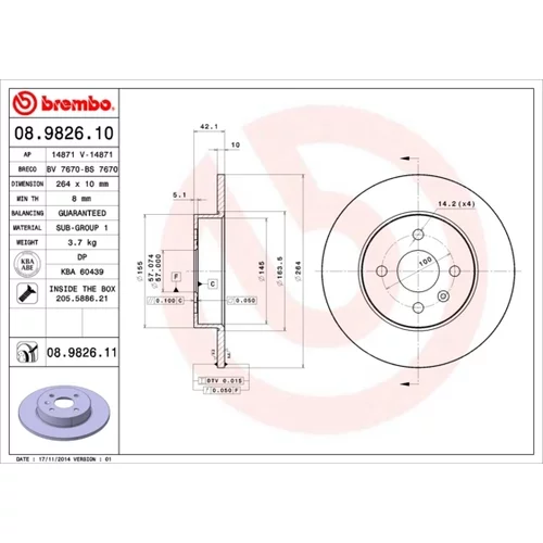 Brzdový kotúč BREMBO 08.9826.11