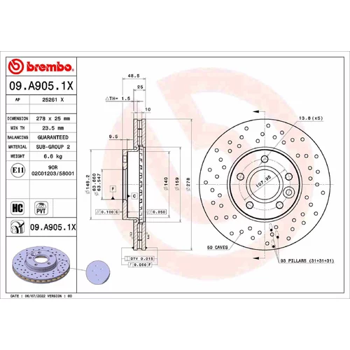 Brzdový kotúč 09.A905.1X /BREMBO/