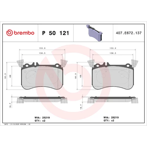 Sada brzdových platničiek kotúčovej brzdy BREMBO P 50 121