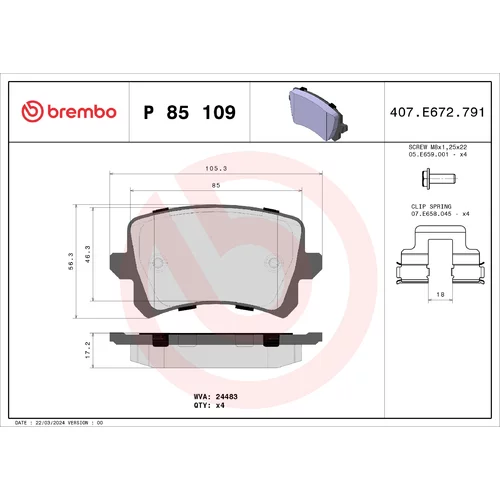 Sada brzdových platničiek kotúčovej brzdy BREMBO P 85 109X