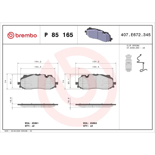 Sada brzdových platničiek kotúčovej brzdy BREMBO P 85 165X